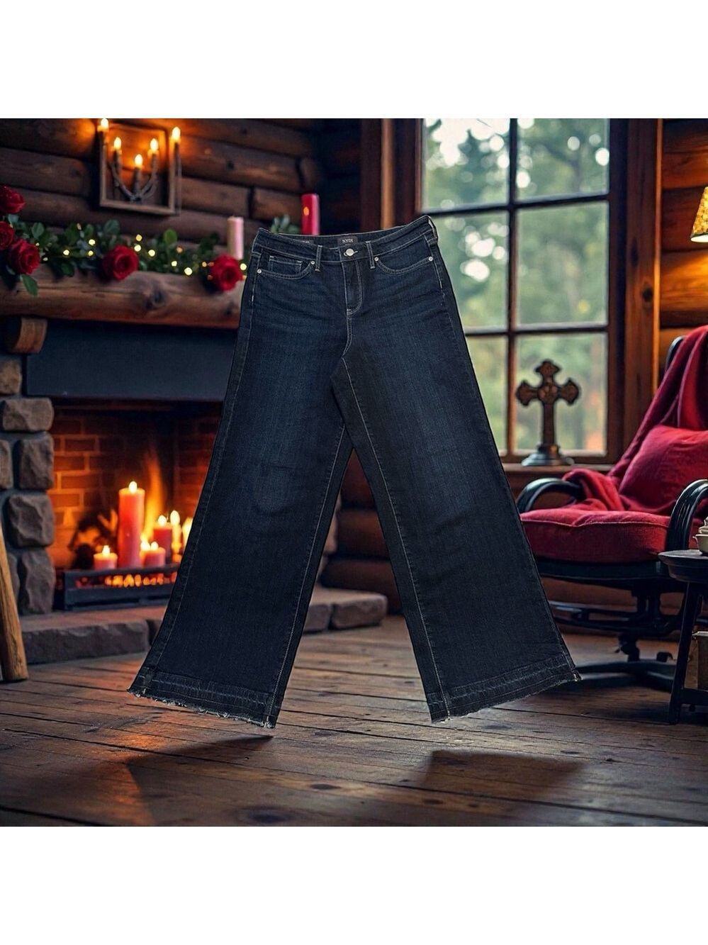 NYDJ Teresa Wide Leg Jeans Raw Hem Womens 4 Blue Mid-Rise Denim Hippie Retro
